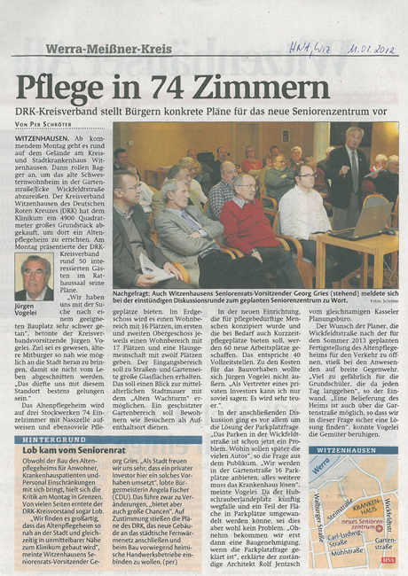 Presseartikel zum Neubau eines Seniorenzentrums in Witzenhausen 2012