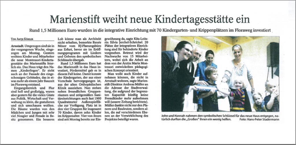 Presseartikel zur Einweihung der Kita Arnstadt im August 2013