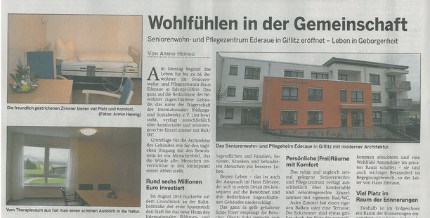 Presseartikel zur Fertigstellung vom Pflegeheim Edertal-Giflitz in 2016