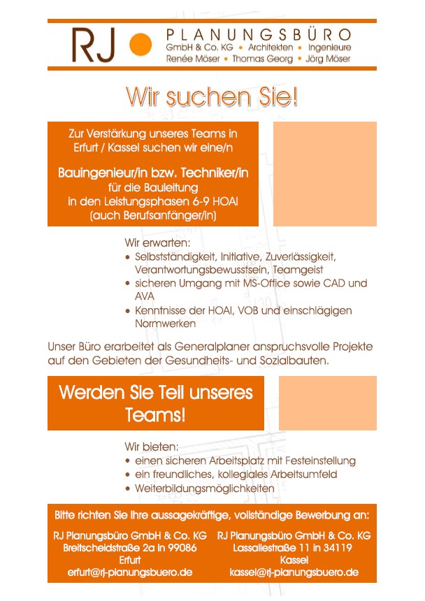 Unsere aktuellen Planungsbüro Stellenangebote für Kassel und Erfurt
